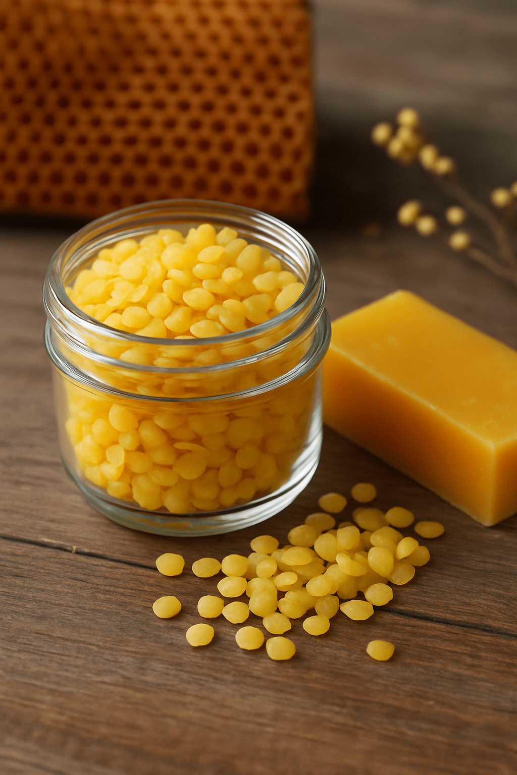 A clear glass jar filled with natural yellow beeswax pellets beside a solid beeswax block on a wooden surface, illustrating Beeswax Uses and Benefits in skincare, crafts, and natural home products