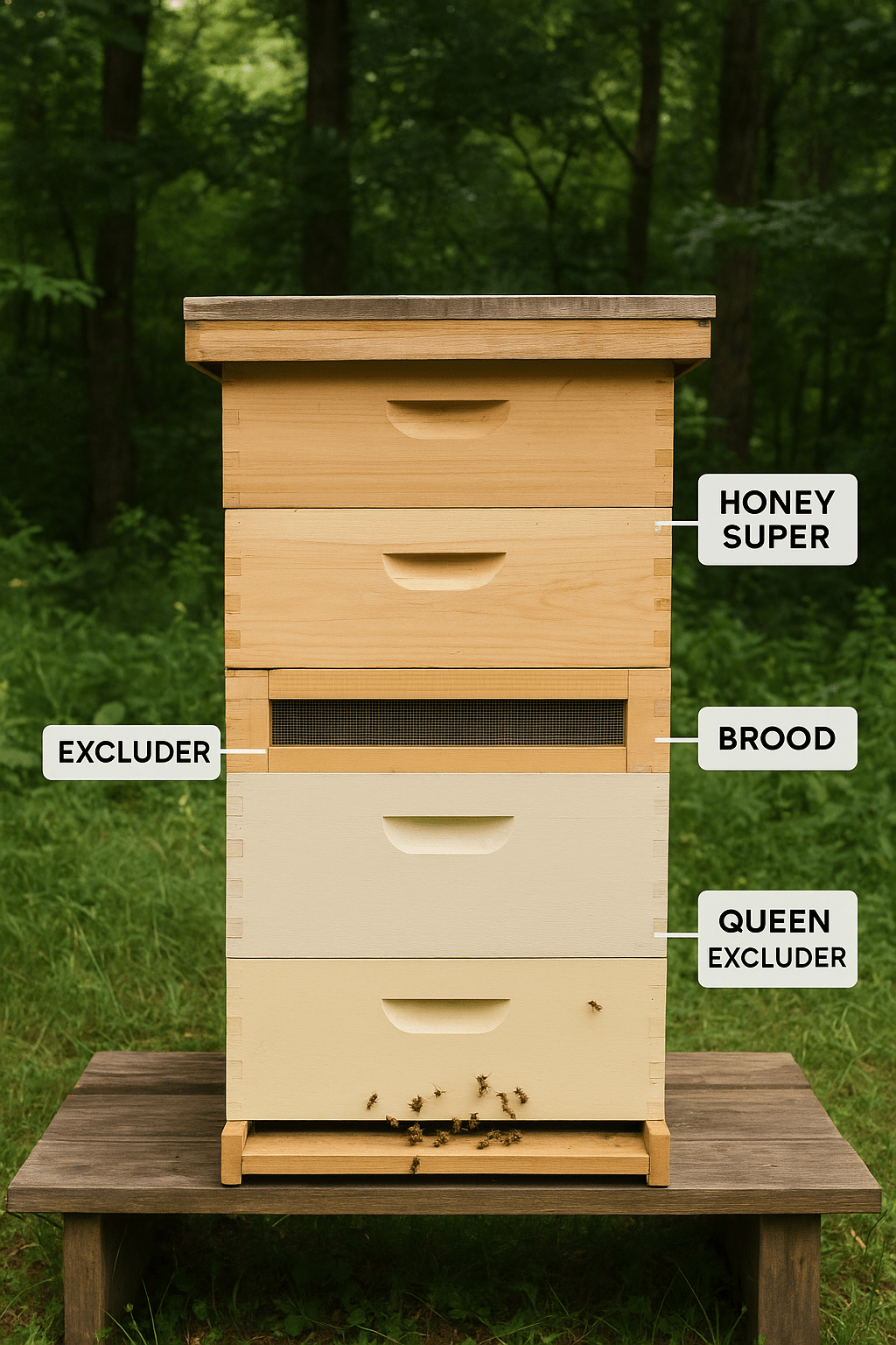 A visual diagram illustrating the Demaree Method configuration, separating the queen and brood to prevent swarming.