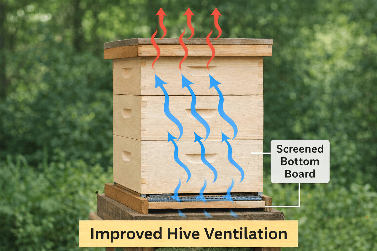 Diagram illustrating the path of airflow through a beehive equipped with a screened bottom board (SBB), a key method for controlling Chalkbrood Disease.
