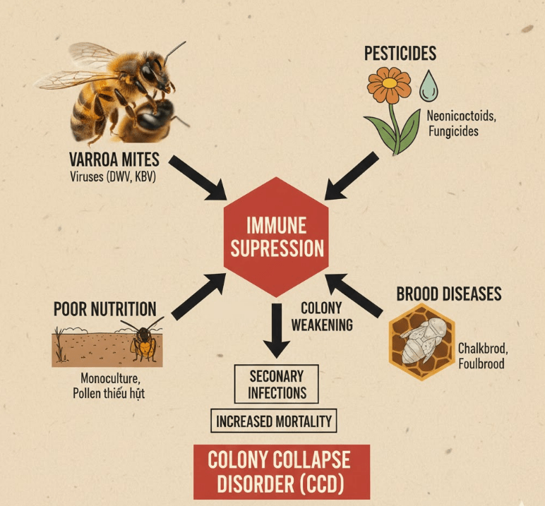 Infographic detailing the multi-stressor environment of the honeybee, showing how Chalkbrood Disease contributes to overall colony immune suppression.
