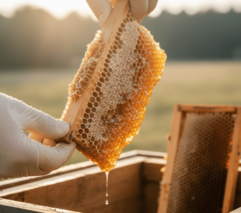 A close-up of a beekeeper's gloved hands carefully lifting a delicate, sagging foundationless honeycomb from a Top Bar hive, illustrating the fragility compared to a framed Langstroth comb.