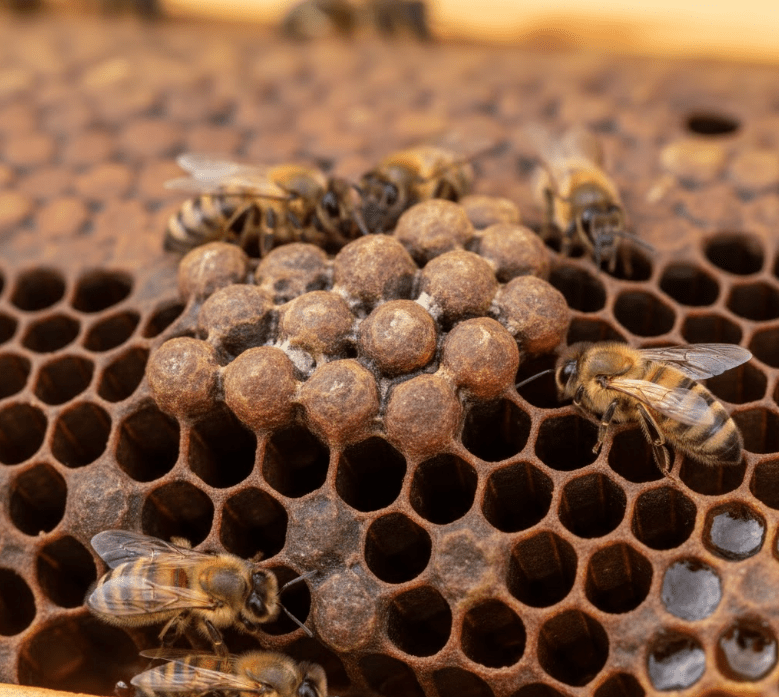 Close-up of bullet-shaped drone brood cappings on a wax frame.